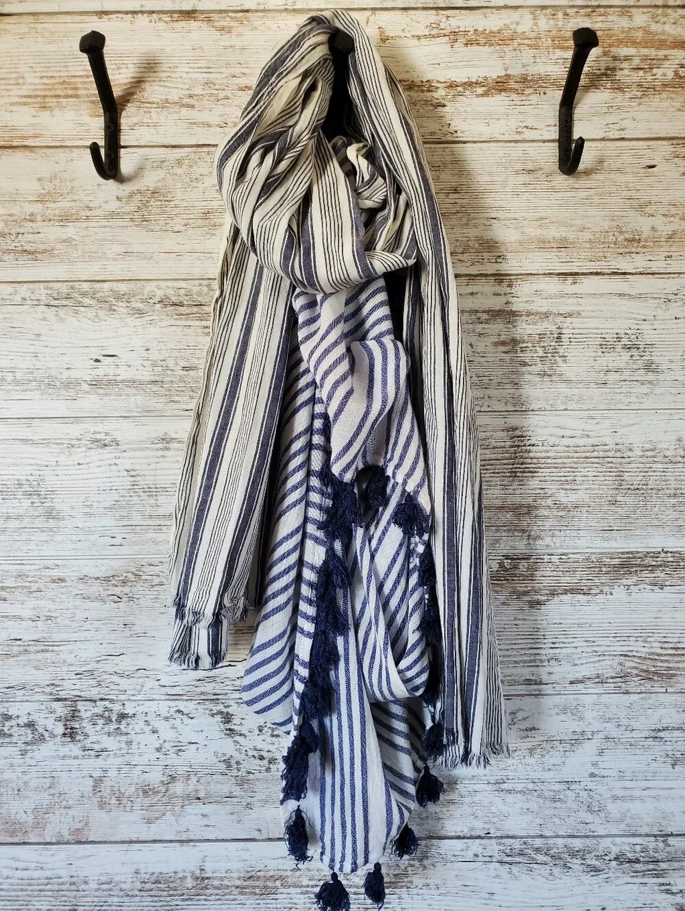 Scarf Set Blue White Stripe Cotton Long Rectangle & Flouncy Tassel Scarf